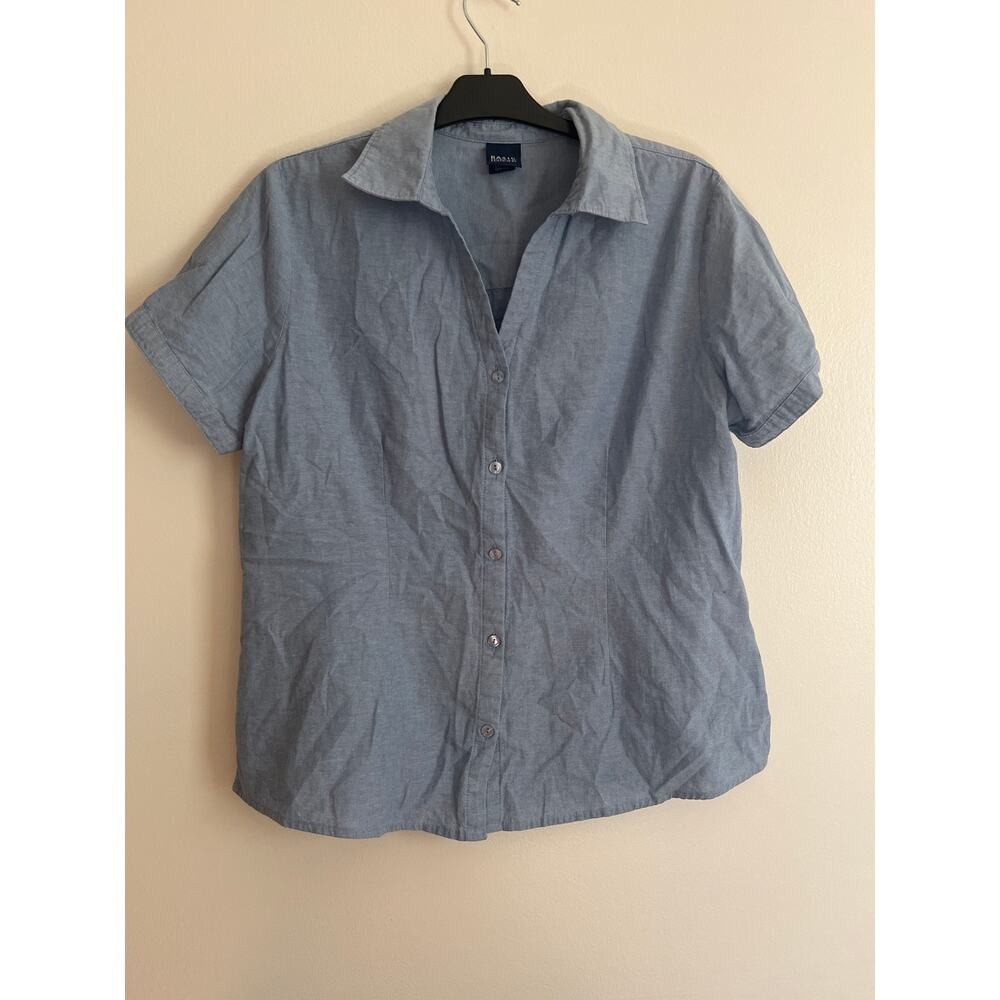 VTG BASIC EDITIONS Womens Blue‎ Chambray Short Sleeve Button Up Shirt Top Size L